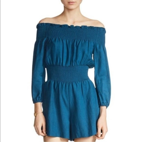 Maje Ilanda Romper XS Off-Shoulder Mini Smocked Linen Peacock Blue Luxury Party - Picture 5 of 8